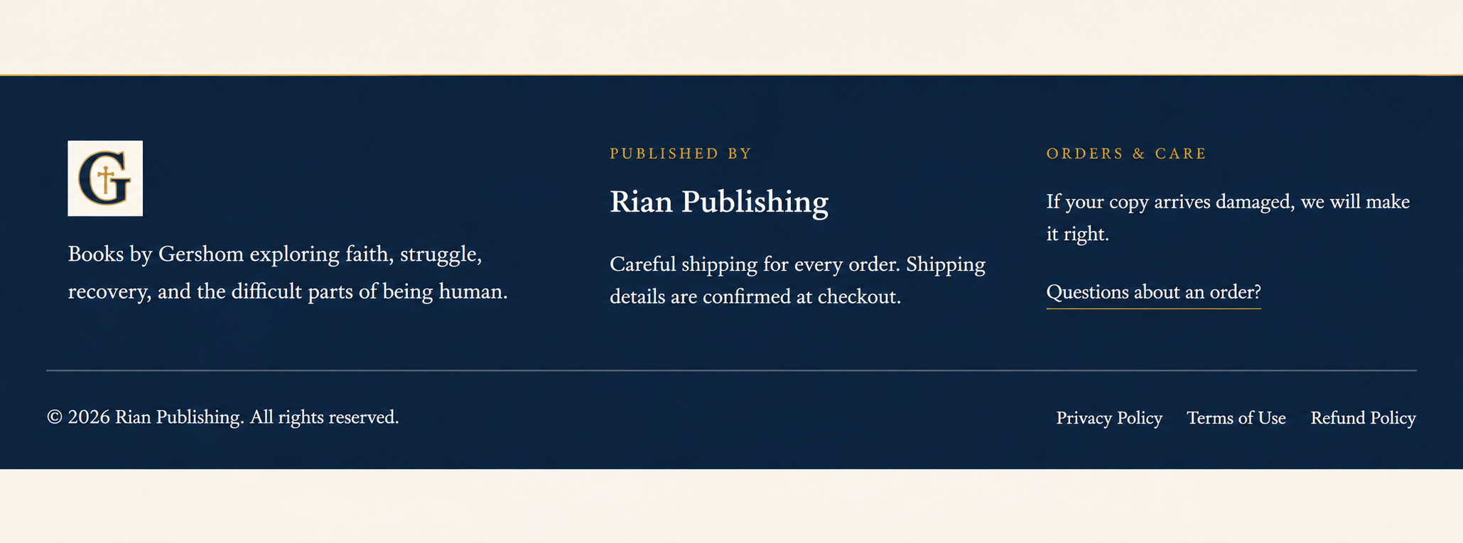 Gershom Books footer — Rian Publishing, orders and care, legal links